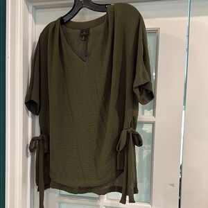 Worthington Avocado-Green Short Sleeve Side-Tie Blouse